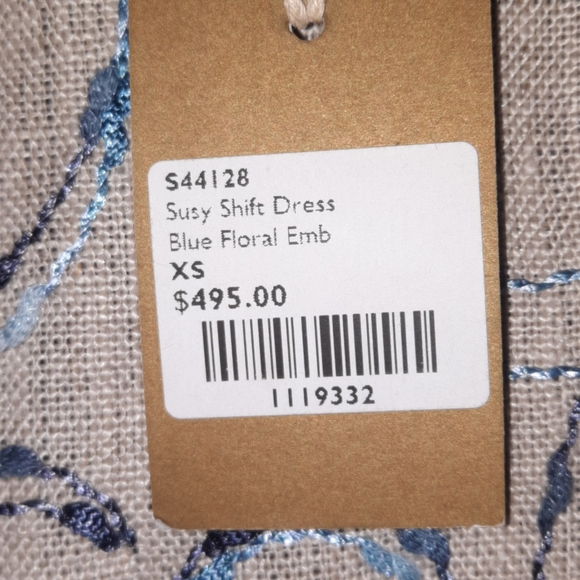 ANN MASHBURN Linen Susy Shift Dress Floral Embroidered Sleeveless Tan Khaki Blue - Picture 3 of 10